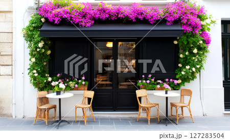 Charming parisian cafe decorated with vibrant flowers and lush greenery 127283504