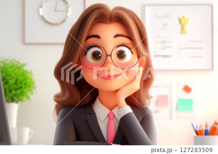 Cartoon character businesswoman with glasses in 3d style smiling and leaning on her hand in a modern office environment 127283509
