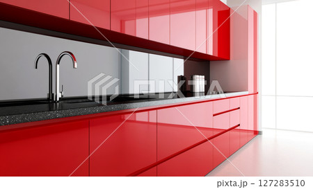 Modern red kitchen with chrome faucet and granite countertop Modern red kitchen with chrome faucet and granite countertop 127283510