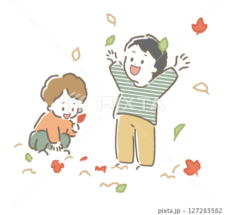 落ち葉で遊ぶ子供たちの手描き風イラスト（かわいい・秋・カット用） 127283582