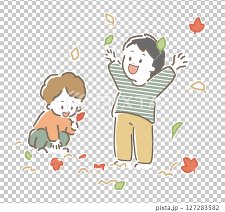 落ち葉で遊ぶ子供たちの手描き風イラスト（かわいい・秋・カット用） 127283582