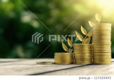 Growth in Business Finance Represented by Stacked Golden Coins and Ascending Graph of Prosperity Growth in Business Finance Represented by Stacked Golden Coins and Ascending Graph of Prosperity 127283855