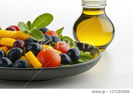 Fresh Clean Salad with Colorful Vegetables and Olive Oil in a Jar on a Bright Background 127283886