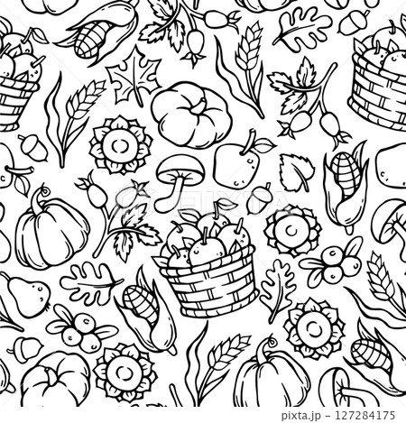 seamless pattern, coloring book of cozy autumn, harvest festival. doodle print 127284175