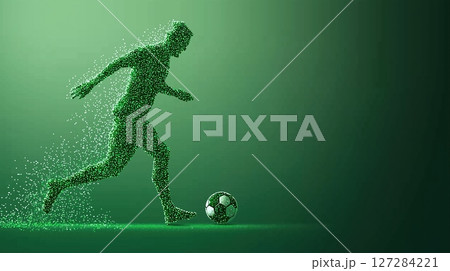 Male Soccer Player Kicking Ball in Digital Pixels Art on a Vibrant Green Background 127284221