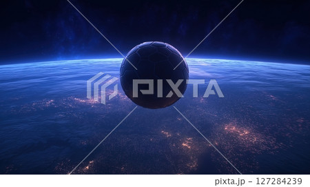 Aerial view of a football hovering above a illuminated city at night with bright stadium lights glowing 127284239