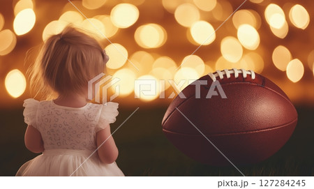 Adorable Baby Girl Performing Dreamy Ballet Near a Giant Football Against a Magical Blurry Background 127284245