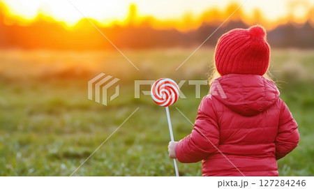Baby girl playing golf with oversized candy club at sunset in a serene open field with vibrant pastel colors 127284246