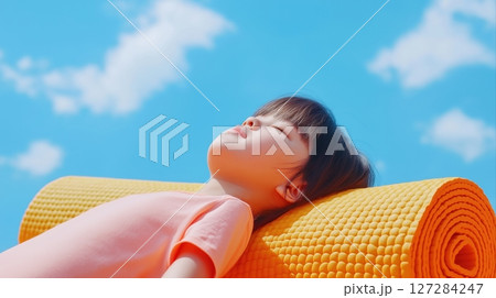 Dreamy Baby Girl Stretching on Neon Yoga Mat Under Bright Blue Sky with Soft Clouds 127284247