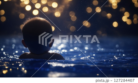 Baby Boy Floating in a Galaxy-Shaped Pool Surrounded by Sparkling Lights and Calm Water 127284407