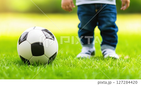 Dreamlike Scene of Baby Boy Kicking Soccer Ball on Vibrant Green Grass in Soft Glowing Light 127284420