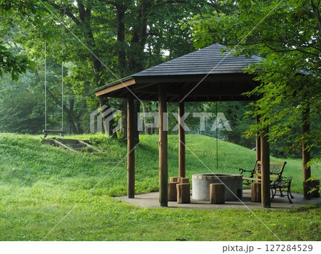 緑に囲まれた東屋とブランコ 緑に囲まれた東屋とブランコ 127284529