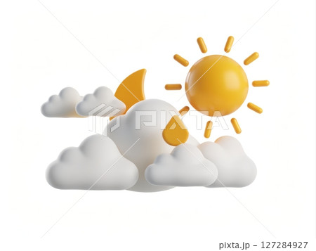 Bright Sun and Soft Clouds in Playful 3D Illustration for Cheerful Designs and Projects 127284927