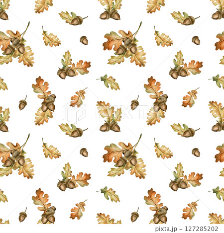 Oak branch with acorns and autumn leaves. Watercolor hand drawn floral seamless pattern on white background for fall forest design, cozy prints, cute home textile, wrapping paper, wallpaper, fabric 127285202