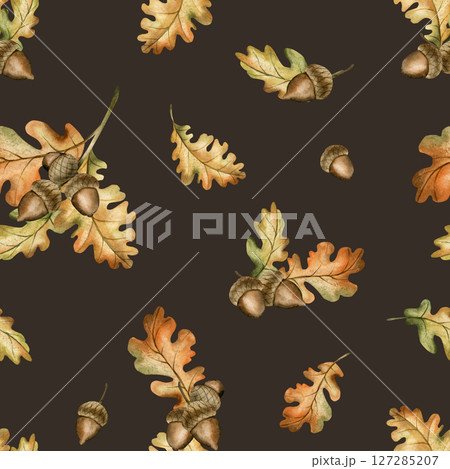 Oak branch with acorns and autumn leaves. Watercolor hand drawn floral seamless pattern on dark background for fall forest design, cozy prints, cute home textile, wrapping paper, wallpaper, fabric Oak branch with acorns and autumn leaves. Watercolor hand drawn floral seamless pattern on dark background for fall forest design, cozy prints, cute home textile, wrapping paper, wallpaper, fabric 127285207