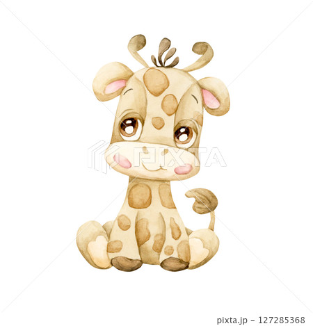 Cute Giraffe. Tropical African animal. Adorable wildlife. Watercolor hand painted illustration isolated on white background for safari jungle design kids nursery wall stickers baby shower poster card 127285368