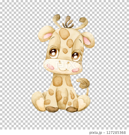 Cute Giraffe. Tropical African animal. Adorable wildlife. Watercolor hand painted illustration isolated on white background for safari jungle design kids nursery wall stickers baby shower poster card 127285368