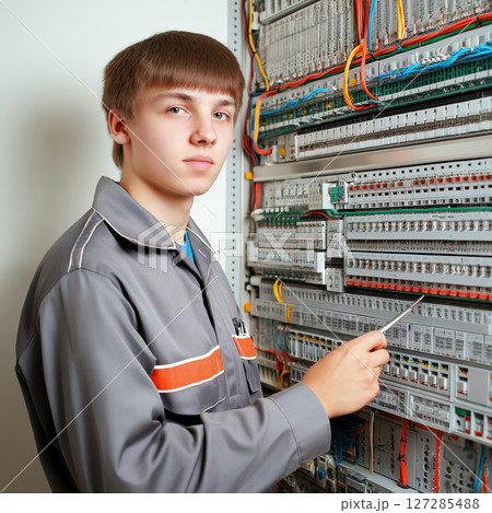 Young electrician checking electric panel with screwdriver 127285488