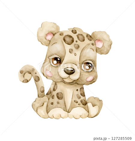 Cute Leopard. Tropical African animal. Adorable wildlife. Watercolor hand painted illustration isolated on white background for safari jungle design kids nursery wall stickers baby shower poster card 127285509
