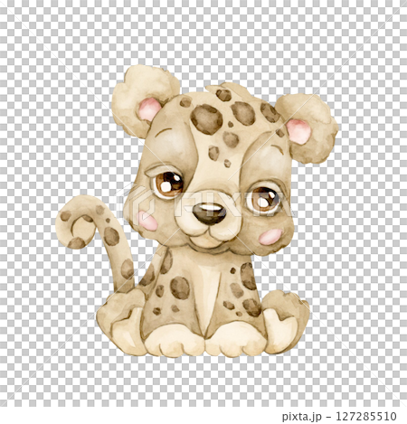 Cute Leopard. Tropical African animal. Adorable wildlife. Watercolor hand painted illustration isolated on white background for safari jungle design kids nursery wall stickers baby shower poster card Cute Leopard. Tropical African animal. Adorable wildlife. Watercolor hand painted illustration isolated on white background for safari jungle design kids nursery wall stickers baby shower poster card 127285510