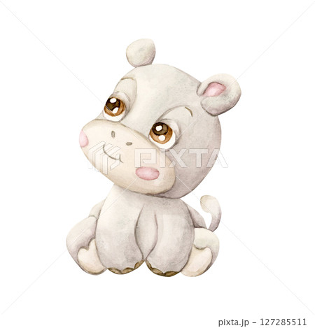 Cute Hippo. Tropical African animal. Adorable wildlife. Watercolor hand painted illustration isolated on white background for safari jungle design kids nursery wall stickers baby shower poster card 127285511