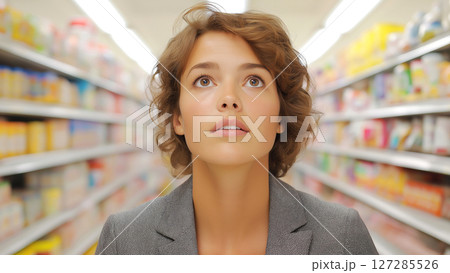 Young woman looking up while walking down a supermarket aisle 127285526