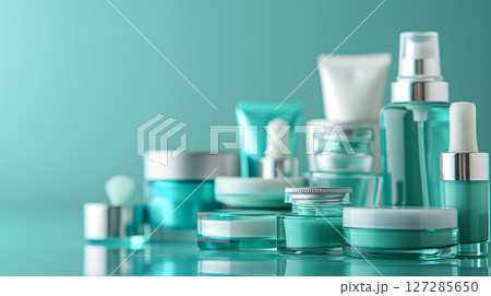 Luxurious cosmetics collection in teal color on blurred background for beauty themes 127285650