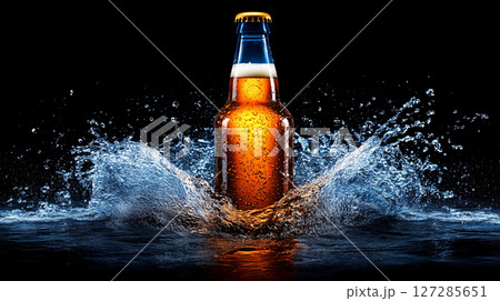 Beer bottle splash with water on dark background. Refreshing design for branding and advertising 127285651