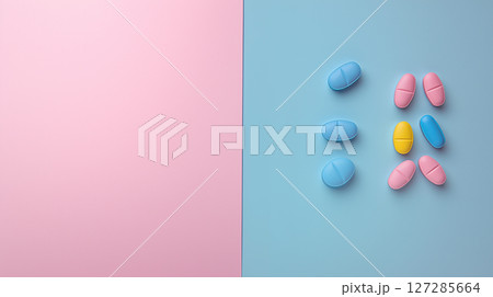 Split background with blank pink side and pastel-colored pills on blue side for health and wellness concepts 127285664