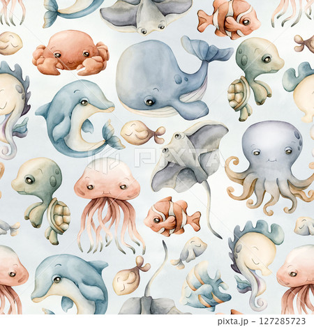 Cute sea animals Adorable underwater world. Whale dolphin octopus stingray fish. Watercolor summer pastel color seamless pattern on blue background for kids baby nursery textile fabric wrapping paper 127285723