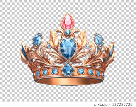 Golden crown with blue and pink gemstones shining on white background 127285729