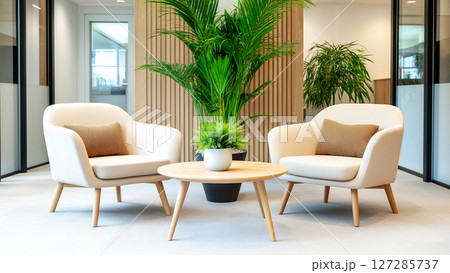 Modern office lobby interior design with comfortable seating and plants 127285737