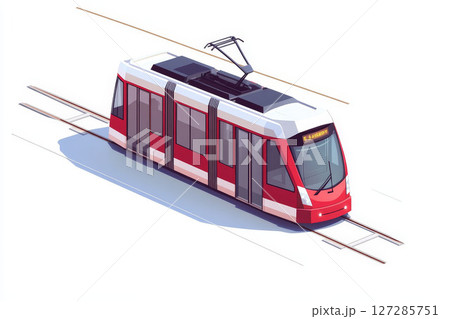 3D isometric modern tram, white background, cartoon studio style, urban road art. 127285751