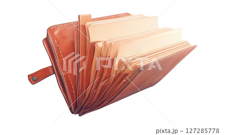Brown leather wallet full of blank sheets of paper on white background 127285778