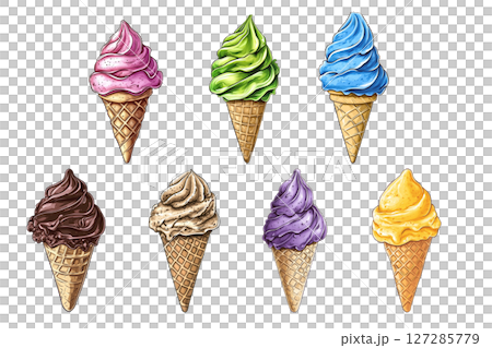 Colorful set of soft serve ice cream swirling in waffle cones is melting Colorful set of soft serve ice cream swirling in waffle cones is melting 127285779