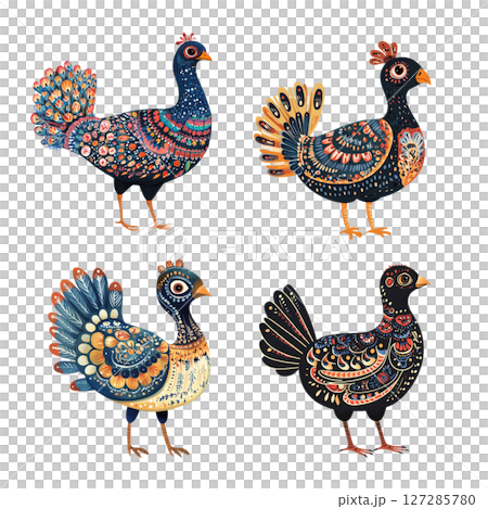 Four colorful guinea fowls showing their beautiful plumage 127285780