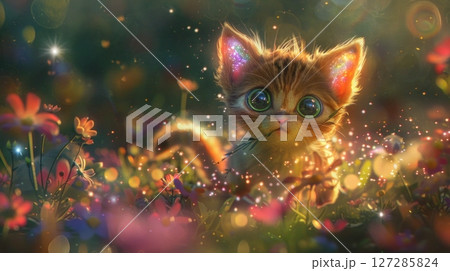 Adorable kitten with big eyes discovering a magical, sparkling flower field, perfect for fantasy and children's projects 127285824