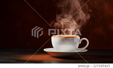 White ceramic cup filled with hot coffee, emitting steam, creating a cozy and inviting atmosphere 127285825