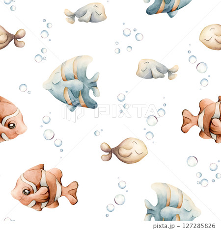 Sea Fishes Water Bubbles. Watercolor hand painted summer underwater seamless pattern on white background. Cute pastel neutral clown fish angelfish for kids baby nursery textile fabric wrapping paper Sea Fishes Water Bubbles. Watercolor hand painted summer underwater seamless pattern on white background. Cute pastel neutral clown fish angelfish for kids baby nursery textile fabric wrapping paper 127285826