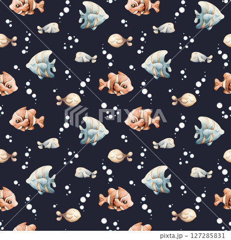 Sea Fishes Water Bubbles. Watercolor hand painted summer underwater seamless pattern on dark blue background. Cute pastel neutral clown angelfish for kids baby nursery textile fabric wrapping paper Sea Fishes Water Bubbles. Watercolor hand painted summer underwater seamless pattern on dark blue background. Cute pastel neutral clown angelfish for kids baby nursery textile fabric wrapping paper 127285831