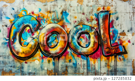 Vibrant graffiti art spelling out Cool decorates a weathered concrete wall, showcasing urban style Vibrant graffiti art spelling out Cool decorates a weathered concrete wall, showcasing urban style 127285832