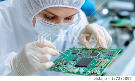 Scientist repairing microcircuit in laboratory clean room 127285897