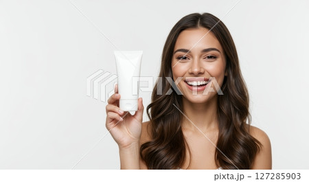 Beautiful Woman Holding Skincare Cream Tube Smiling Healthy Skin Beauty Product 127285903