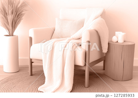 Inviting reading nook with a mocha mousse armchair and soft throw blanket. Modern trendy tone hue shade 127285933