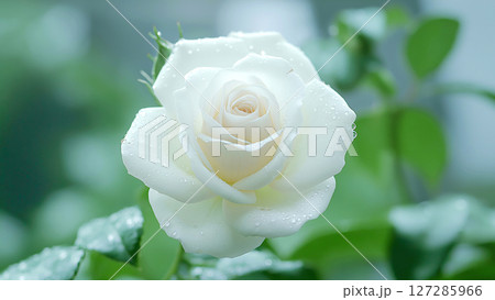White rose blooming in garden with water drops White rose blooming in garden with water drops 127285966