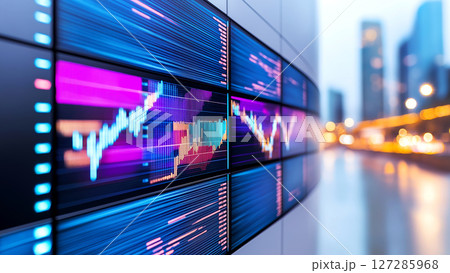 Stock market data displaying on multiple screens in a modern building Stock market data displaying on multiple screens in a modern building 127285968
