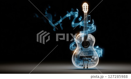 Digital guitar with floating musical notes and glowing circuitry on dark background 127285988