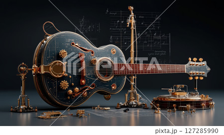 Futuristic guitar with intricate gears and musical notes floating around, showcasing blend of technology and AI music generated 127285990