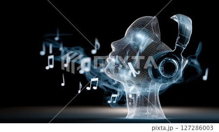Digital humanoid head wearing headphones with musical notes floating around, symbolizing fusion of technology and music 127286003