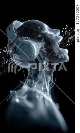 Digital human figure wearing headphones sings with musical notes flowing around, symbolizing fusion of technology and music 127286007